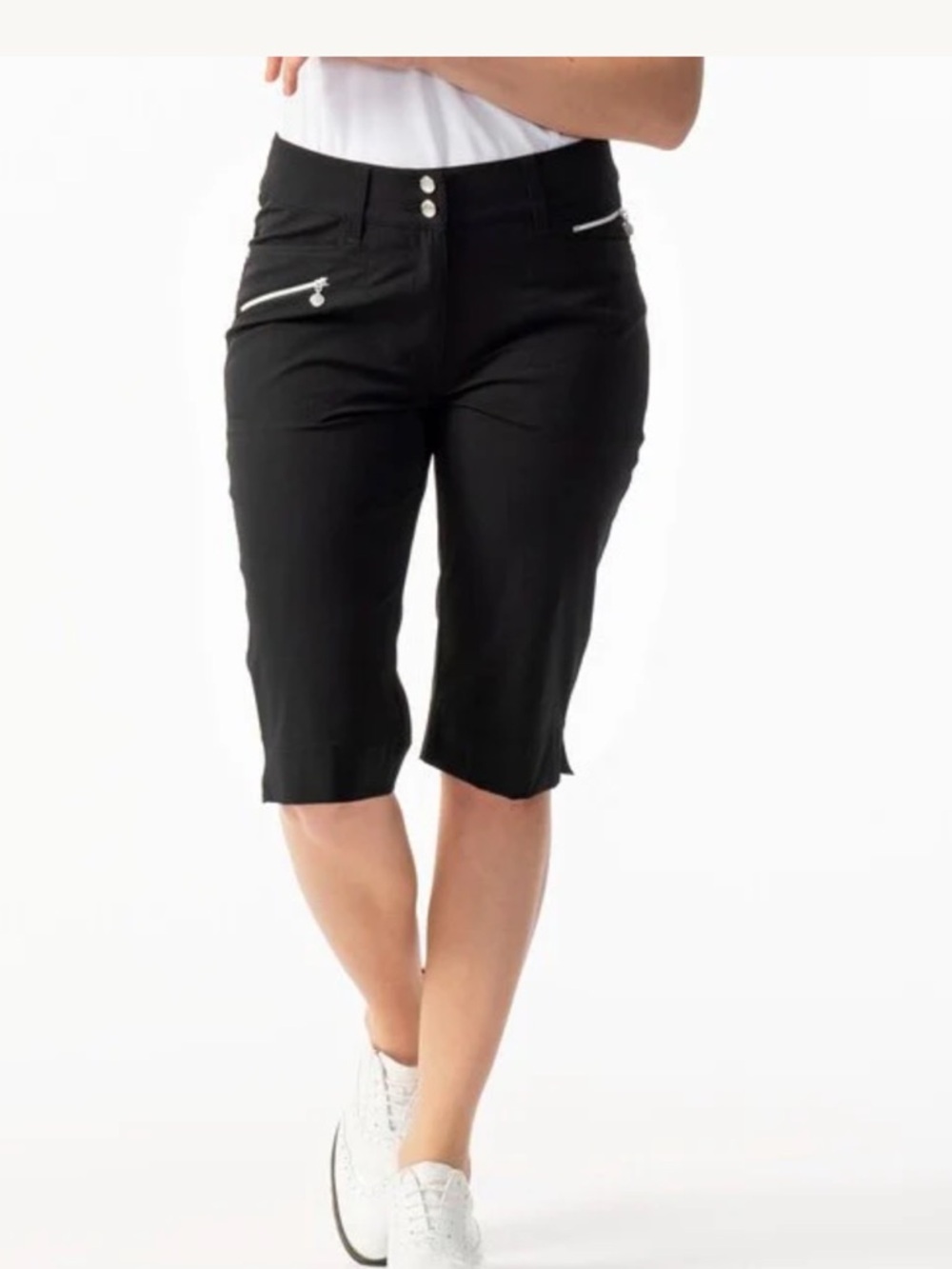 Daily Sports Miracle Black Mid-Length Stretch Golf Bermudas with Silver Zips. 10